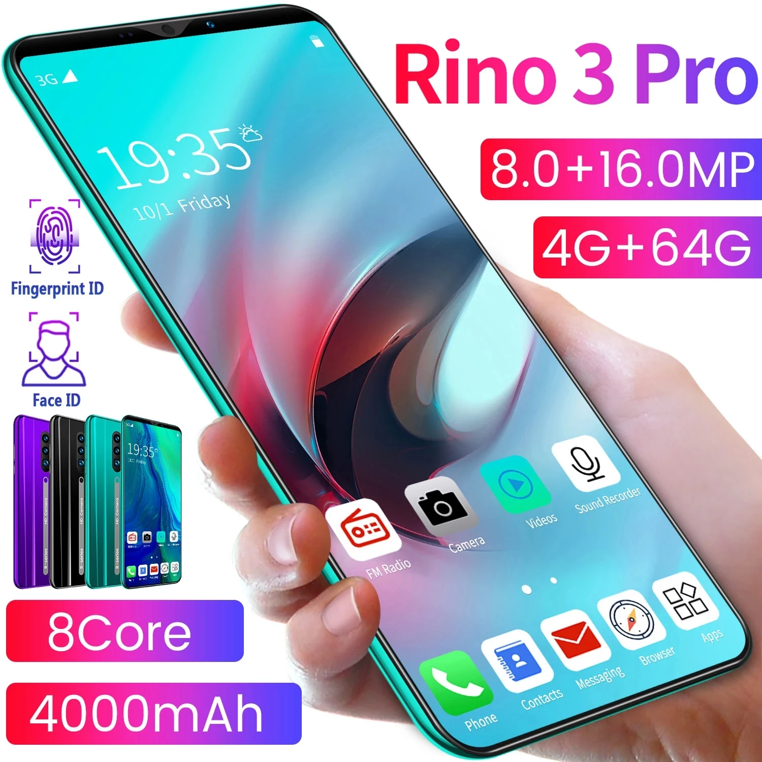 

Rino3 Pro Global Version 8Core 6GB+128GB HD Full Screen 8+13MP 4000mAh Battery Fingerprint Unlocked SmartPhone Android 10