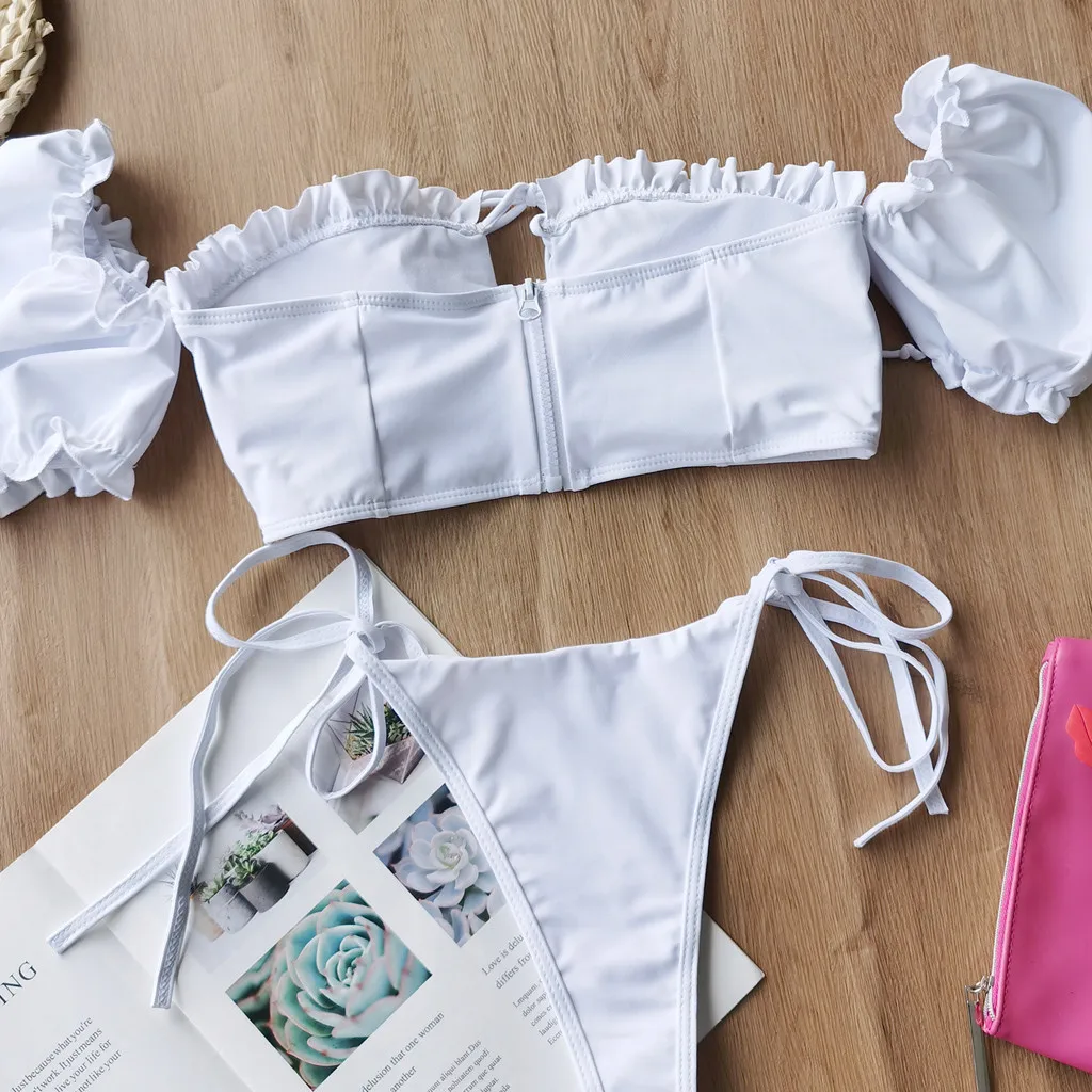

Women's Swimsuit Solid Color Bikini Set Push-Up Padded Bra Swimwear Ruffled Split Beachwear Bathing Suit Trajes De Bao Mujer