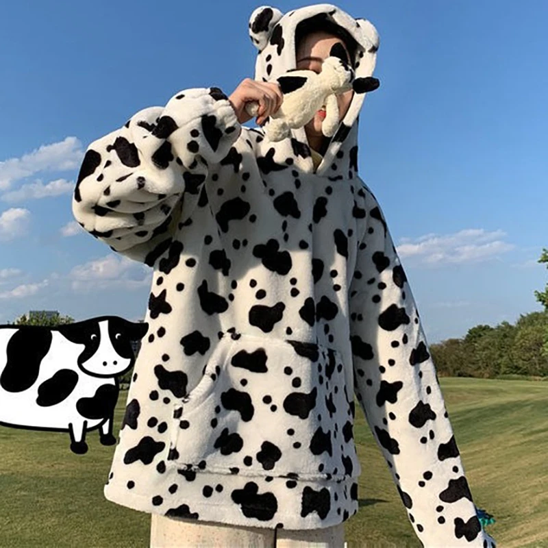 

QWEEK Cow Print Sweatshirt Women Winter 2020 Fashion 2020 Kawaii Hoodies Long Sleeve Loose Pullover Cute Flannel Hoodie Women