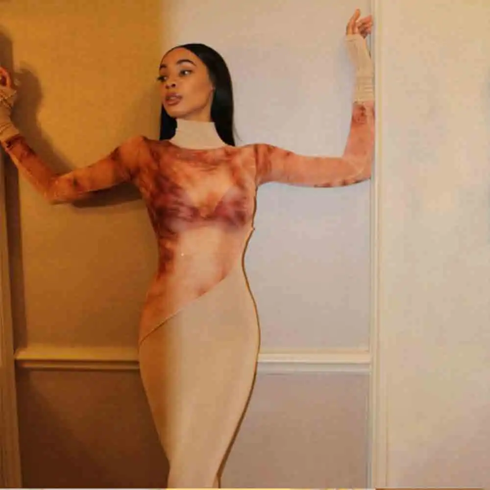 

Printed See Through Sexy Hot Bodycon Maxi Dress Women 2020 Turtleneck Party Clubwear Outfit Patchwork Slim Female Dresses