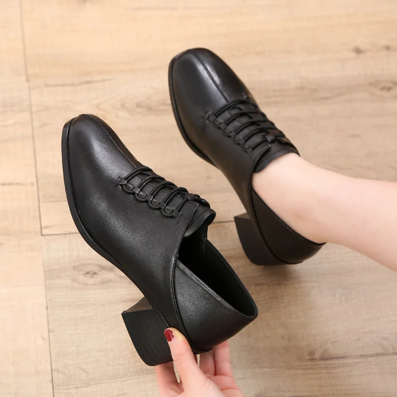

GKTINOO 2020 Women Shoes Classic Black Genuine Leather Thick Heel Shoes Women Pumps Casual High Heels Office Shoes Woman