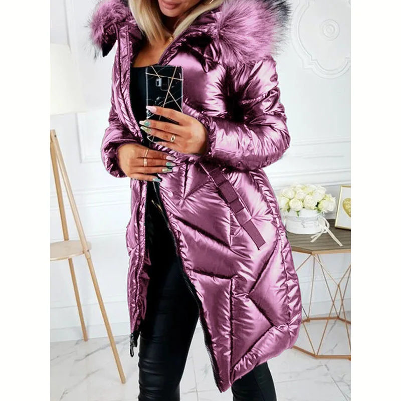 

Mandylandy Women's Casual PU Slim Jacket Winter Fashion Long Sleeve Solid Color Zipper Plush Hooded Warm Long Coat Parkas