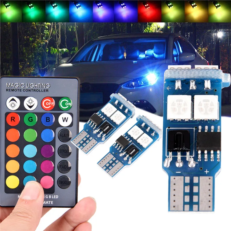 

2 X T10 RGB 6 SMD 5050 LED Car Auto Wedge Side Light Width Light Interior Reading Lamp Bulb with Remote Control