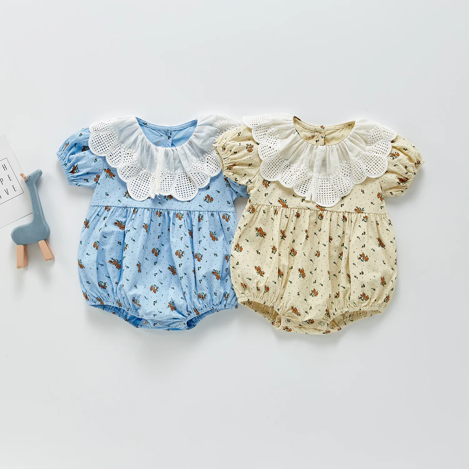 

WLG Girls Floral Rompers Baby Clothes Summer Beige Blue Short Sleeve Printed Romper Toddler Girl Casual Clothes