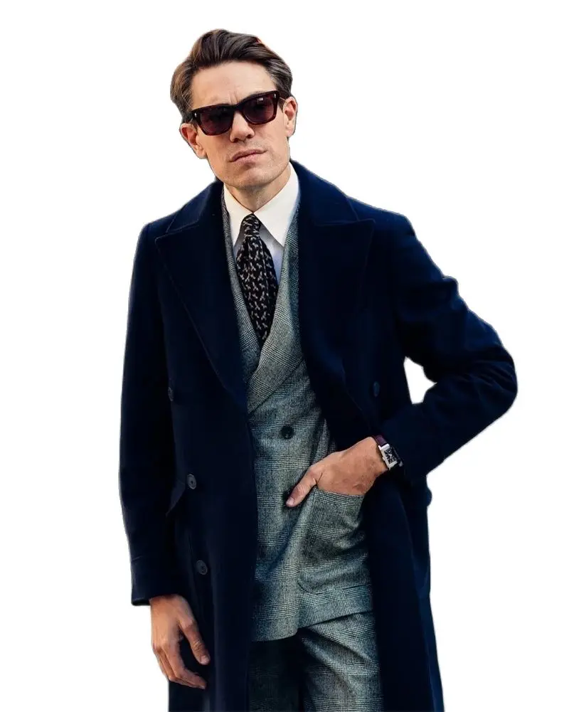 

Winter Warm Navy Blue Peak Lapel Double Breasted Custom Made Woolen Long Jacket Male Party Prom Tuxedos Overcoat Business Wear