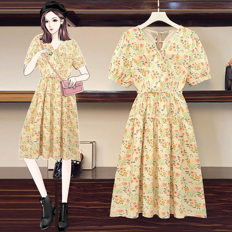 

Женское винтажное платье-миди, с цветочным принтом, V-образным вырезом и коротким рукавом, большие размеры размера плюс, 5Xl, весна-лето, 2021