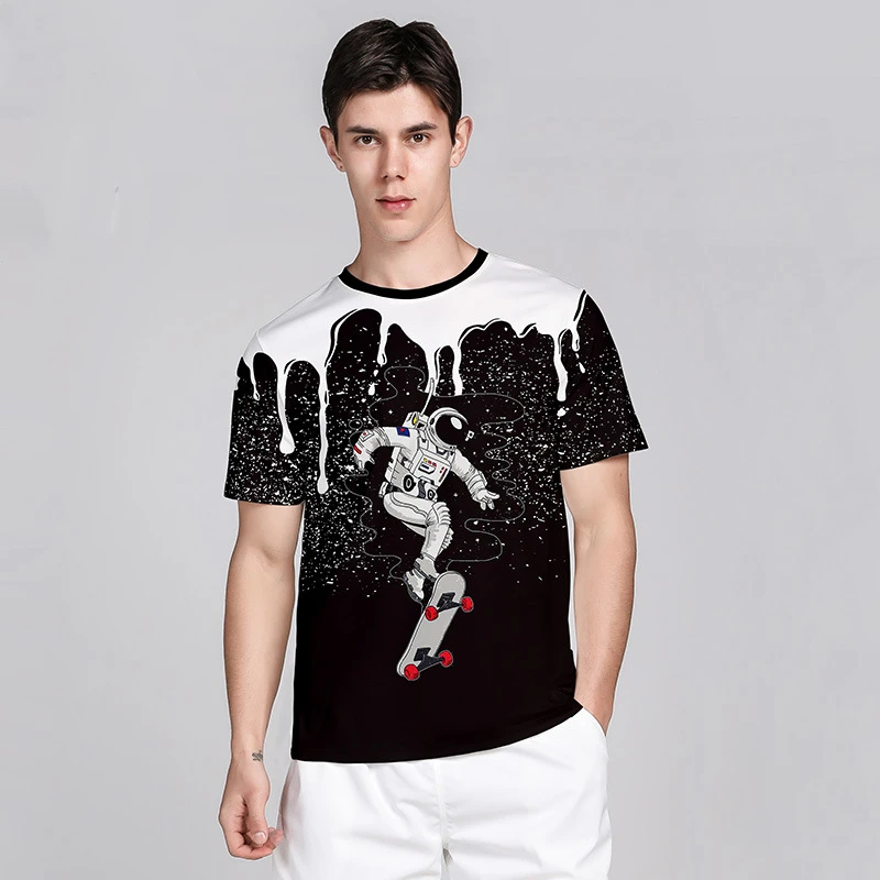 

Free Shipping Fashion Astronaut 3D Ink jet Print Men's Cotton T-shirt Black White Mens Tee Short Sleeve T-shirt Summer Clothing