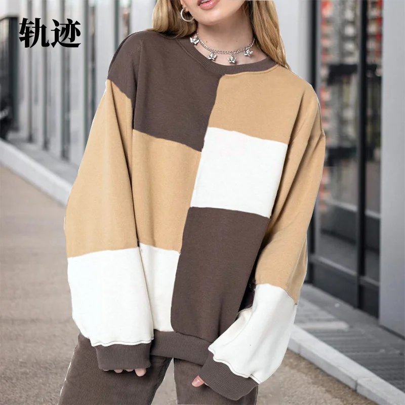 

Худи женское с длинным рукавом, элегантный офисный Повседневный Свободный пуловер в клетку, в стиле пэчворк, большие размеры, Осень-зима