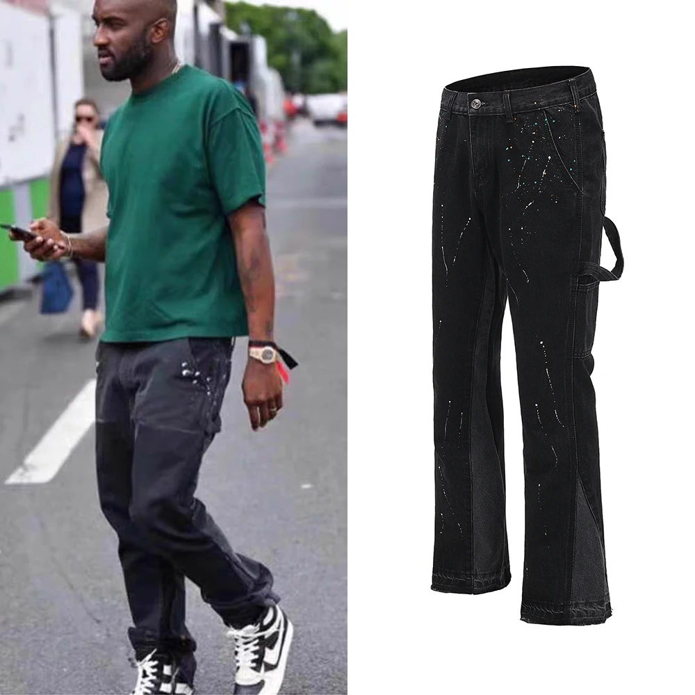 

Urban Streetwear Flare Pants Black Wide Leg Jeans Hip Hop Splashed Ink Trousers Men Patchwork Slim Fit Denim Pants for Men