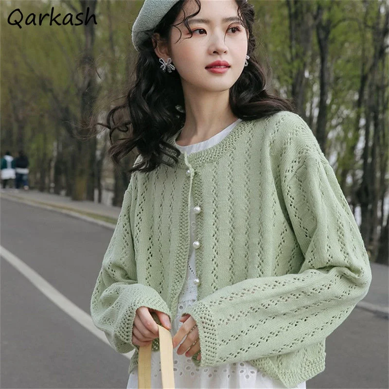 

Cardigan Women Hollow Out Design Temperament Loose All-match Preppy Style Casual Summer Sunproof Chic Students Crop Tops Simple
