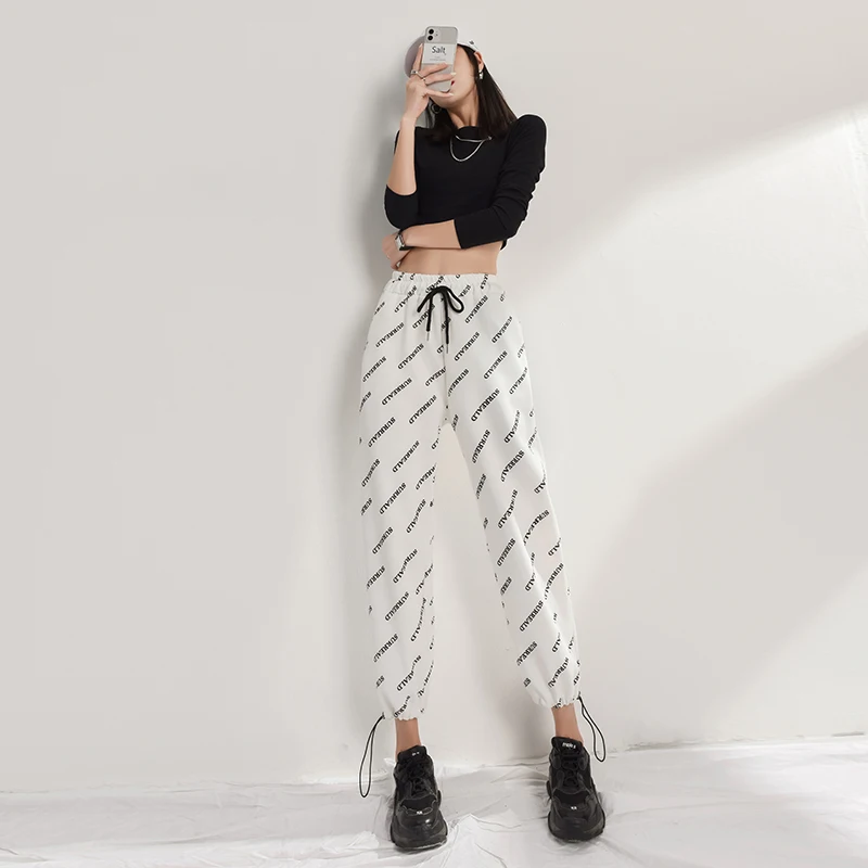 

Large Size Letters Printed Wide-Leg Pants for Women 2021 Summer New Style Loose High Waist Leisure Tappered Sports Pants for