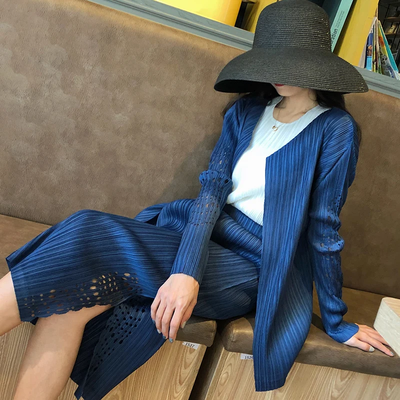 Issey плиссированные костюмы, одноцветные открытые пальто и юбка длиной до щиколотки, два предмета, Женский комплект, Новинка осени, японский стиль