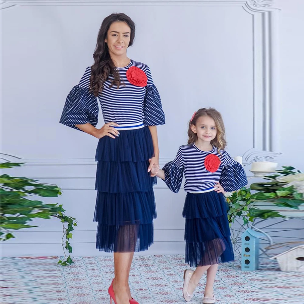 Новое платье для мамы и дочки милая одежда полосатая футболка с круглым вырезом