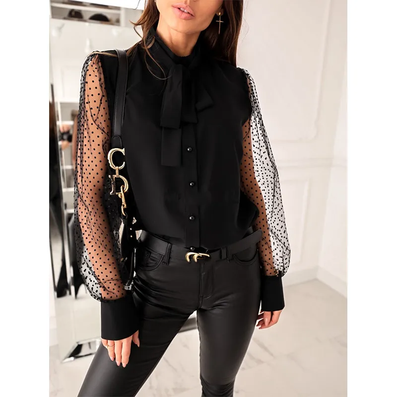 

Casual Button Ladies Office Top Bow Long Sleeve Ruffle Blouse Shirt 2021 Autumn Women Dots Mesh Sleeve White Black Shirt Blusa