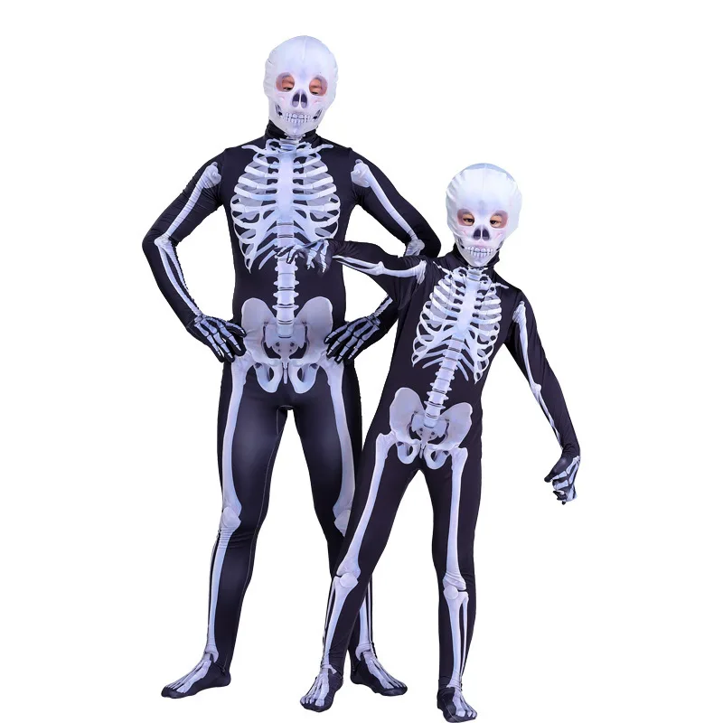 

Skeleton Bone Bodysuit Halloween Costumes with Skeleton Hood Mask for Parent-Child Party Cosplay ALS88
