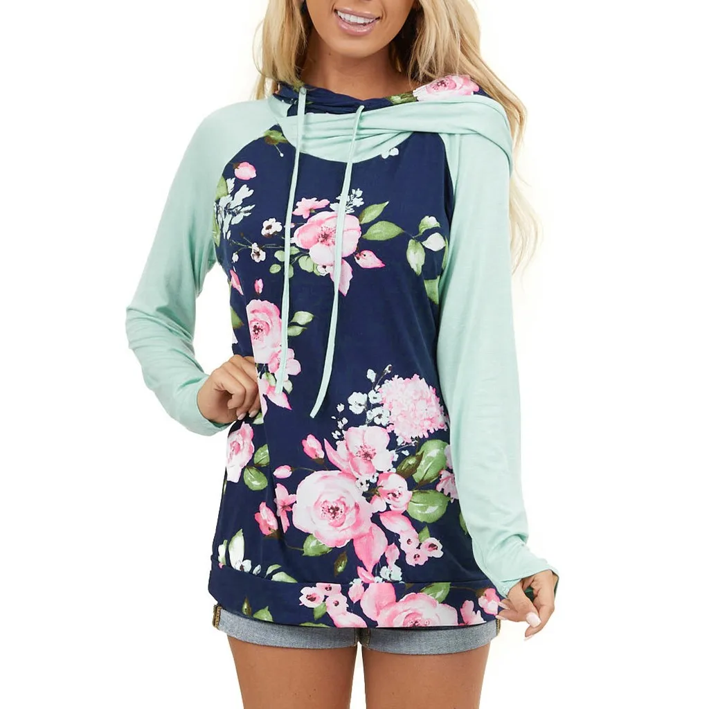 New Sweatshirt Women Fashion Floral Print Long Sleeve Drawstring Hoodie Double Cap Tops clothes sudaderas para mujer | Женская одежда