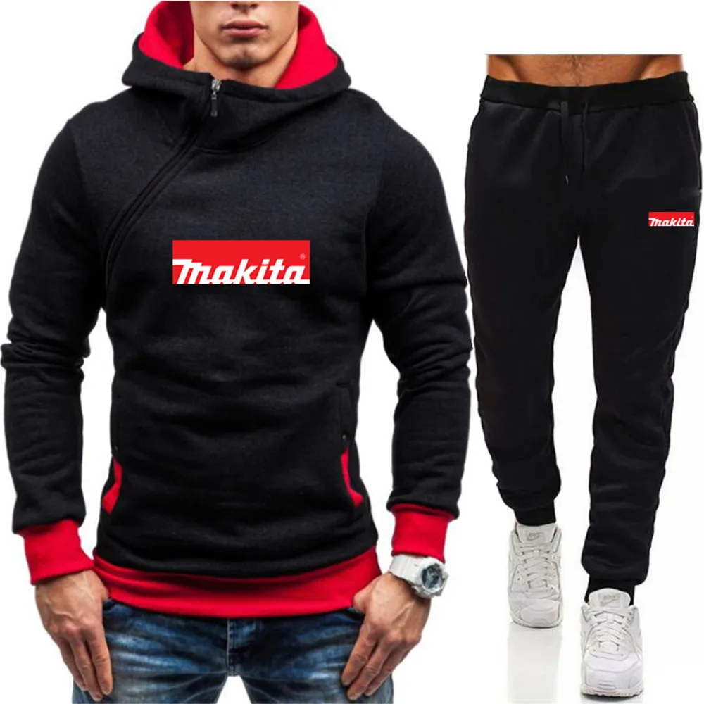 

MAKITA new men's spring and autumn hooded long-sleeved trousers casual sportswear men's personality street diagonal zipper suit