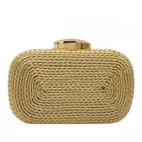 straw clutches gold evening bag woven knited pu metal clutch bag hard case ladies chain shoulder handbag
