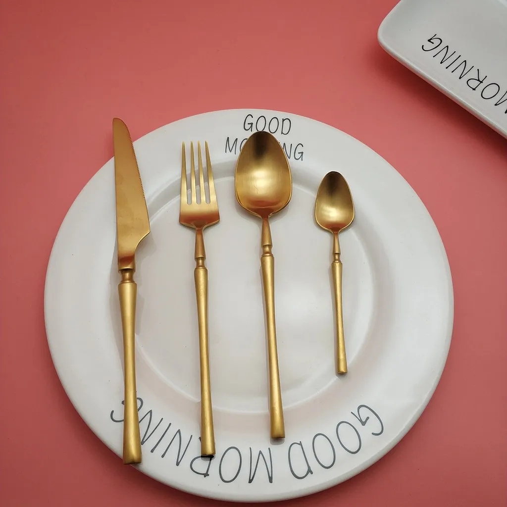 

Wholesale Sales Support Waist Series Xiaoman matte Metal gold plated knife 304 stainless steel fork spoon 4pcs tableware set