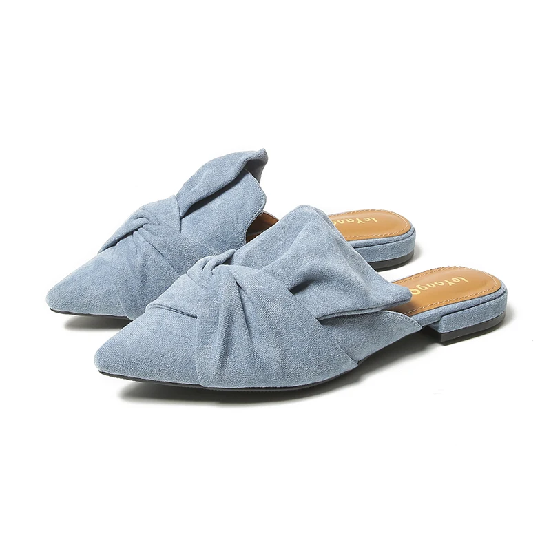 

Vrouwen Slippers Flock Bowtie Office Mode Lage Hakken Schoenen Puntschoen Blue Slip-on Flat Shoes Dames Elegante Woman Slipper