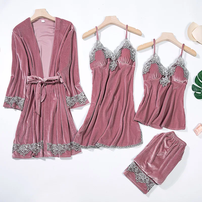

Autumn New Velour Lace Patchwork 4PCS Pajamas Suit Women Pink Kimono Robe Casual Velvet Home Clothing Intimate Lingerie