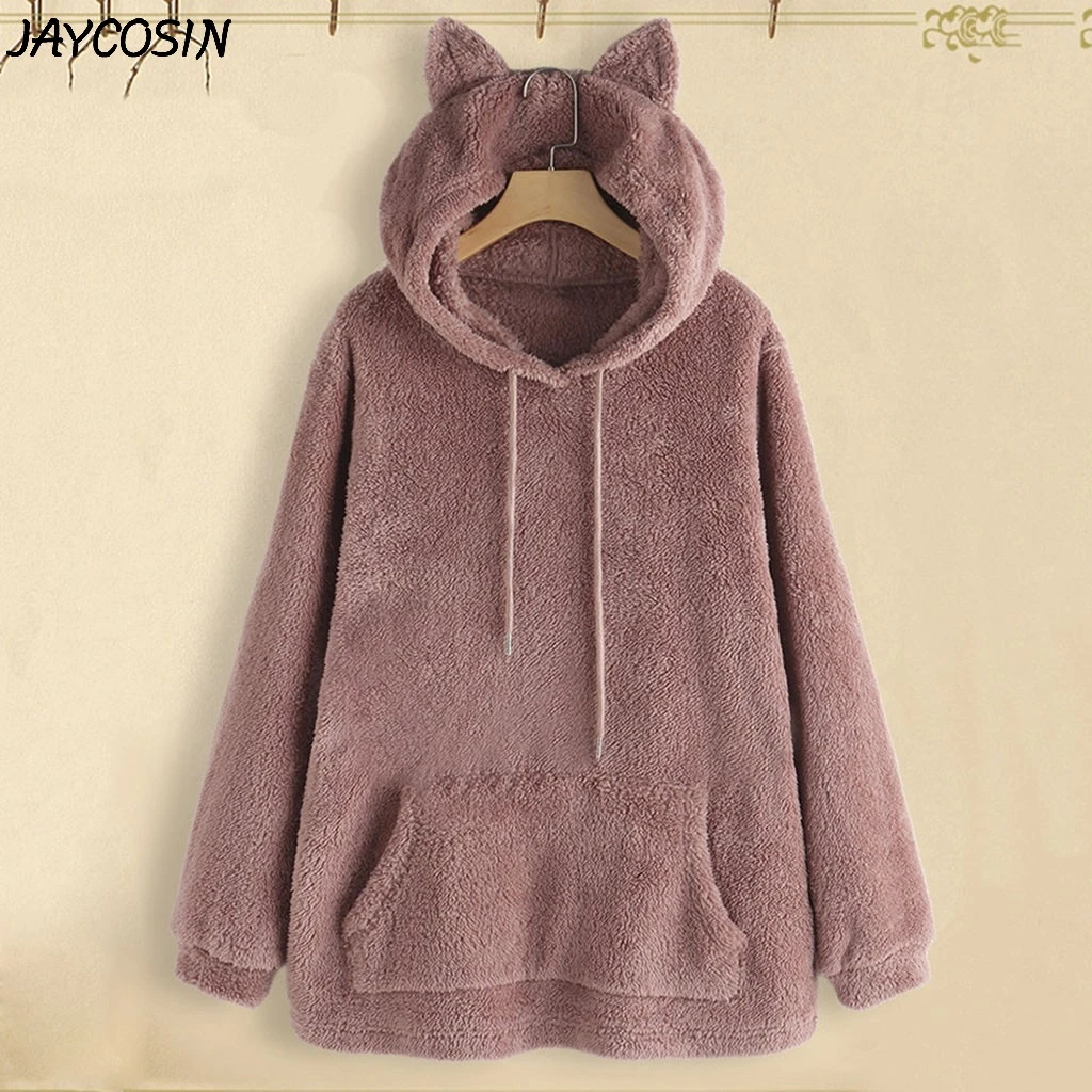 JAYCOSIN размера плюс Женская толстовка с милыми ушками однотонная фланелевая