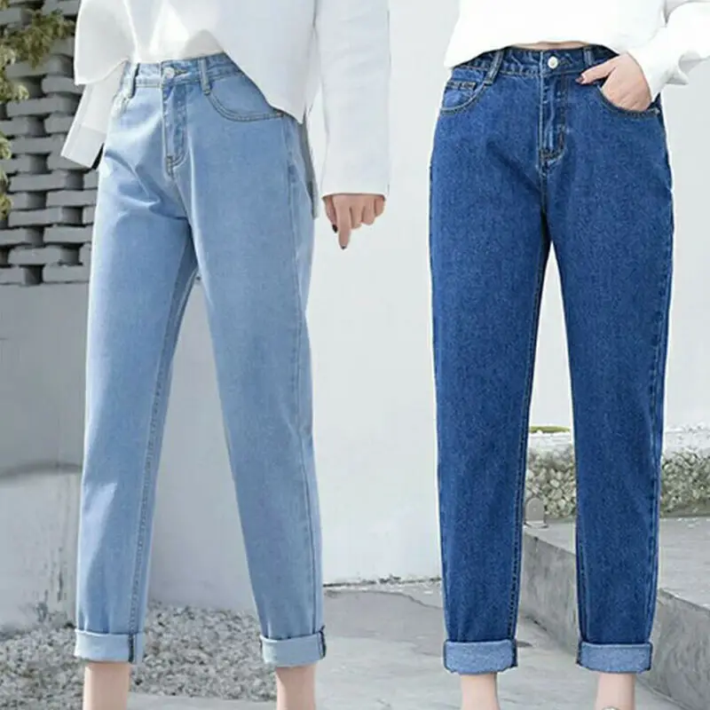 

Women Casual Summer High Waist Jeans Pants Straight Denim Trousers Turn Up Cuff