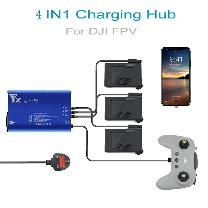 

4 In 1 Battery Charger Hub For DJI FPV Drone Remote Controller Smart Phone Charging Hub Intelligent Rapid Charger