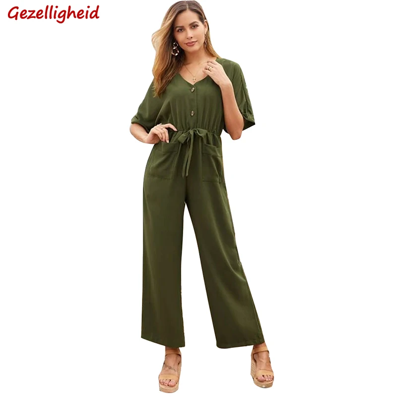 

Gezelligheid Jumpsuits For Women 2021 Elegance Solid Bow V-Neck High Waist Casual Loose Straight Leg Romperts Jumpsuit Womens