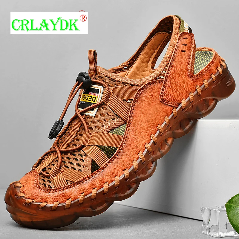 

CRLAYDK Elastic Band Men Outdoor Waterproof Sandals Breathable Leather Hiking Flat Shoes Sport Beach Slippers Summer Slippers