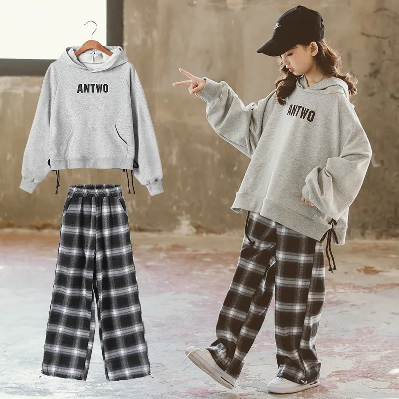 

New Plaid Spring Autumn Teens Children Clothes Baby Girls Letter Suit Sweatshirts+ Pants Kids Toddler Outwear High Quality