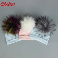 geebro newborn baby faux raccoon fur pompom beanie hats cotton solid hat for baby girls boys toddler winter children hats caps