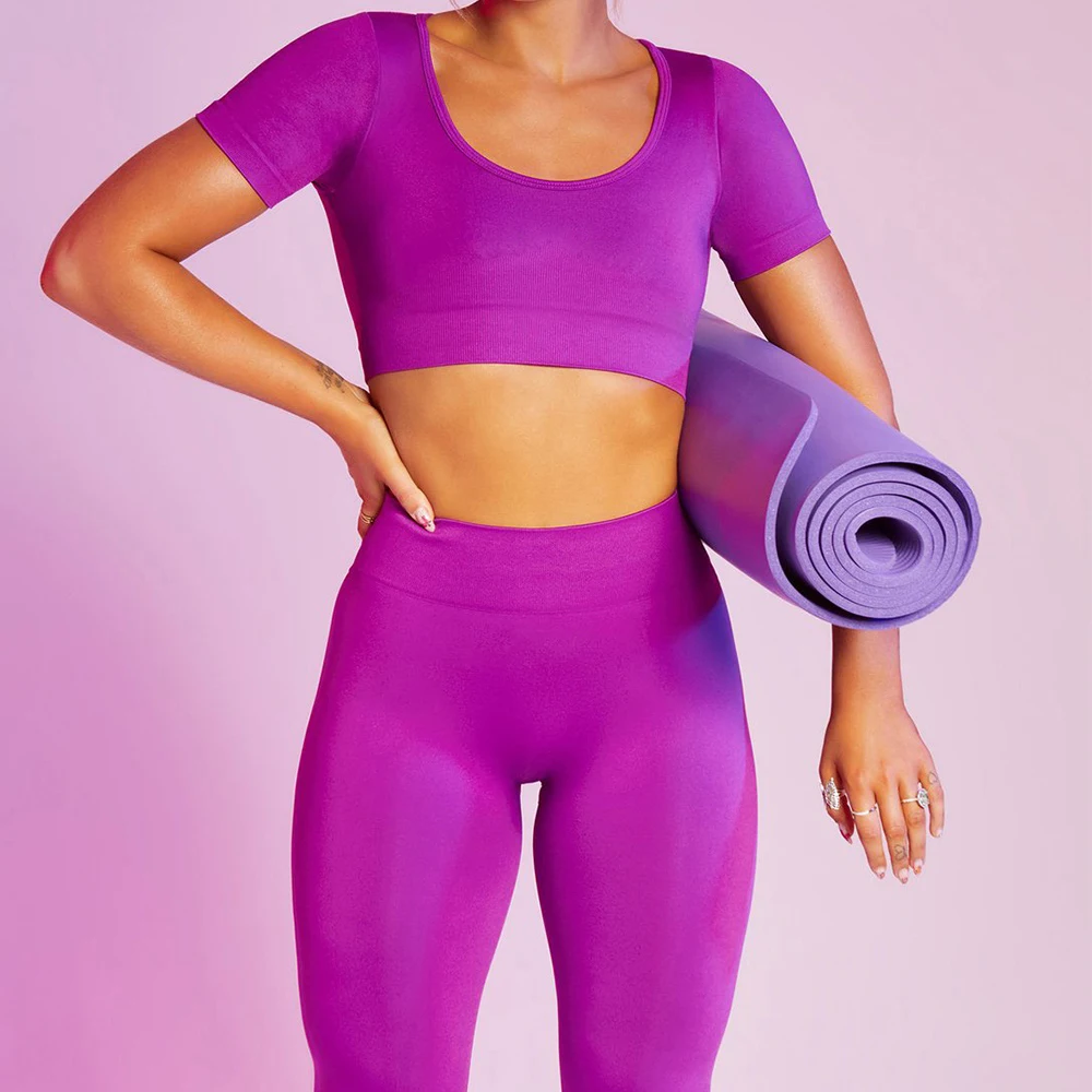 

2 PCS Seamless Women's Yoga Set Workout Sportswear Gym Clothes Fitness Short sleeve Crop Top High Waist Legging Women's Sport Su