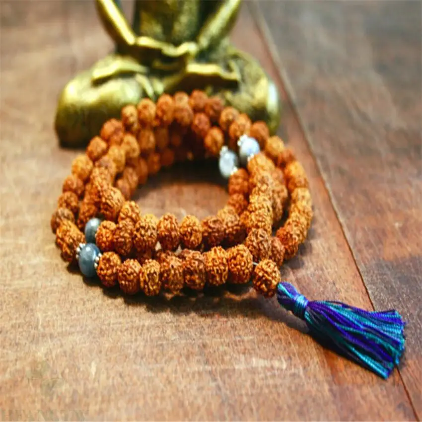 

8MM Rudraksha 108 beads Necklace knot Tassels MONK Veins Lucky yoga Fancy chain Chakas pray
