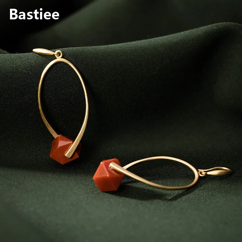 Bastiee Geometric Red Agate Drop Earrings 925 Sterling Silver Jewelry For Women Earings Gold Plated Handmade Jewellery Classic