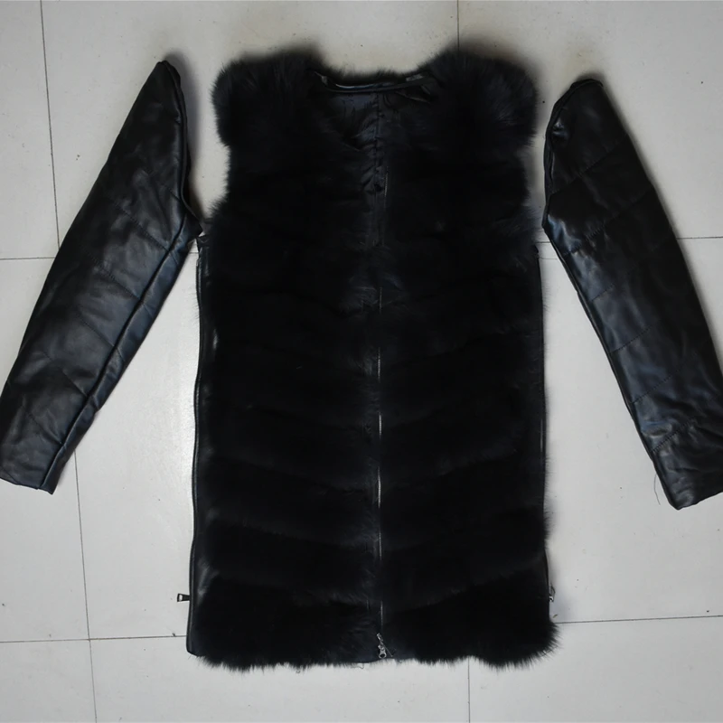 Natural New Genuine Fur Fox Vest Long Fox Fur Sheepskin Hat Coat Sheep Skin Demolished Sleeves Can Detachable Zipper Jacket