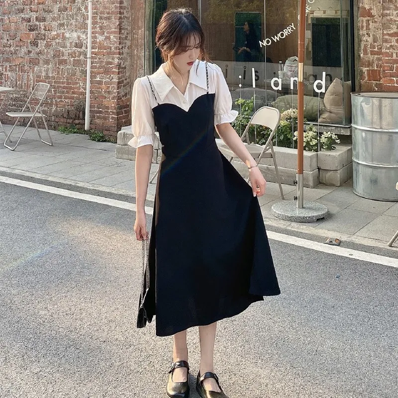 

Hepburn wind off two summer dress new fat mm show thin black and white stitching shirt skirt restoring ancient ways