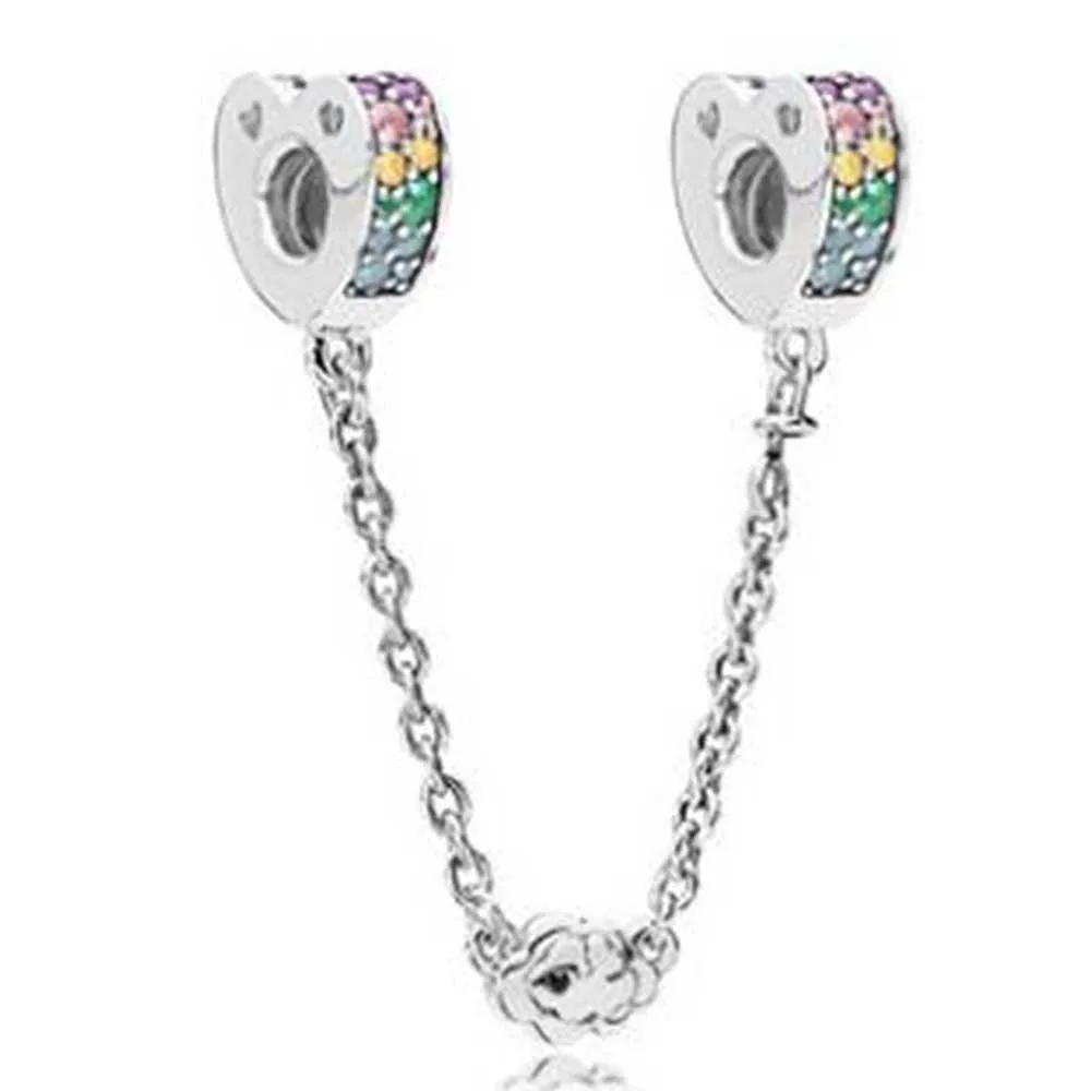 

100% 925 Sterling Silver Charms Rose Charms Multi-Color Arcs Of Love Safty Chain Charms Fit Original Bracelet Diy Jewelry