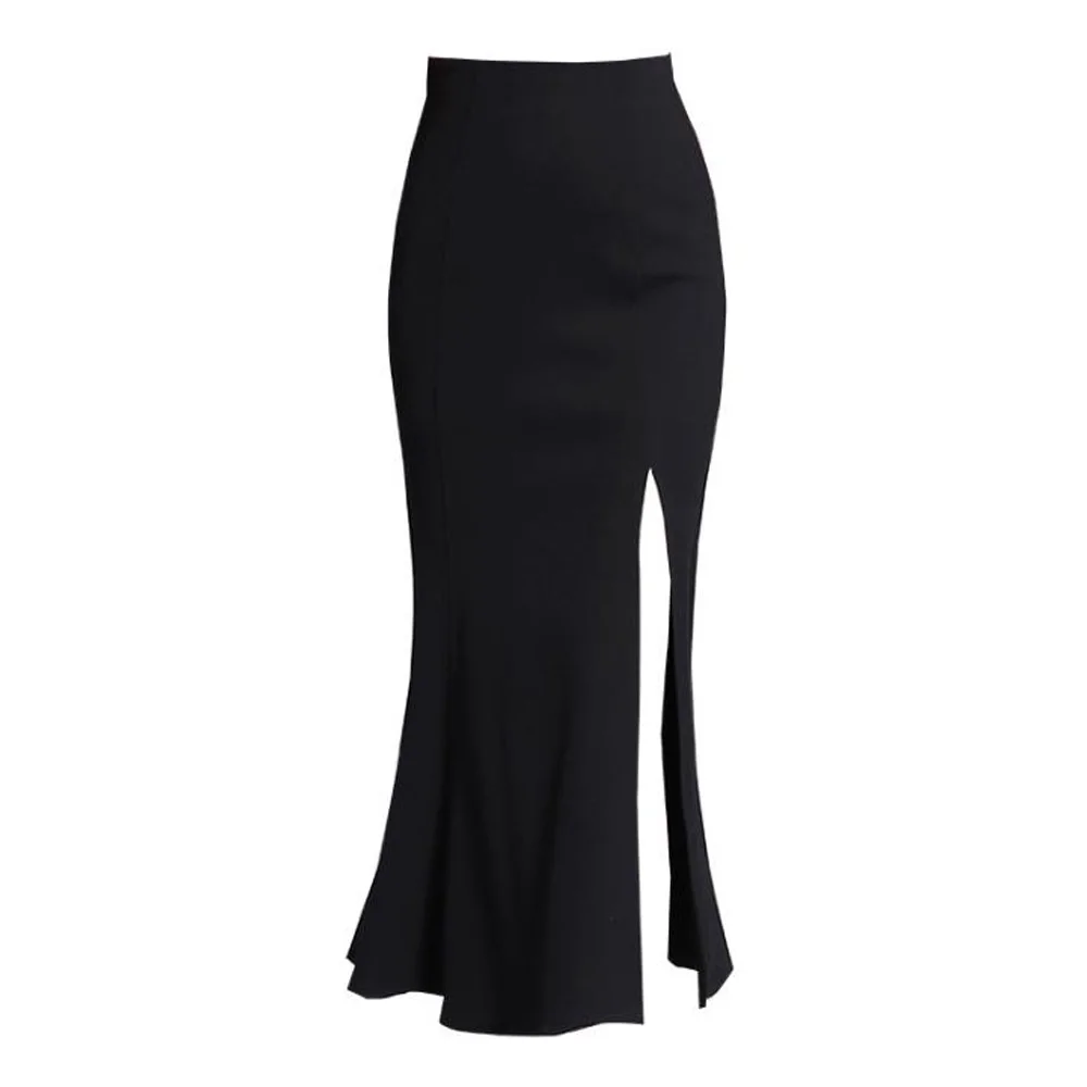 

Women Black Mermaid Skirt High Waist Side Split Ruffle Fishtail Trumpet Skirt Business Ladies Office Party Midi Skirt Bottoms