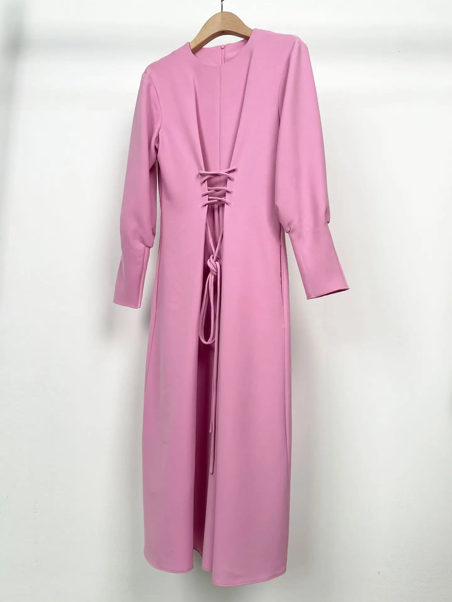 

High End 2021 Spring Long Sleeve Bandage Waist Women Rose Red Long Dress