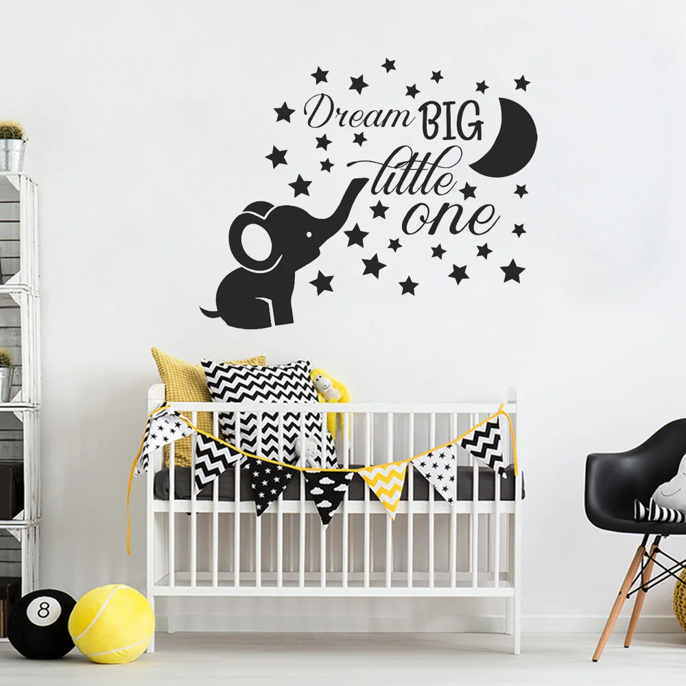 

Elephant Nursery Wall Decal Baby Boy Room Decor Dream Big Little One Quote Wall Vinyl Stickers Moon and Stars Decals Kids