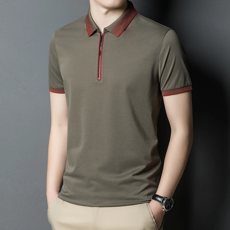 

New Design Men Polo Fashion Contrast Color Summer Natural Silk Cotton Short Sleeve Male Zipper Shirts
