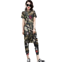 breathable mesh camouflage printing tops and cropped trousers loose casual 2 piece set women tracksuit short sleeve tee shirt