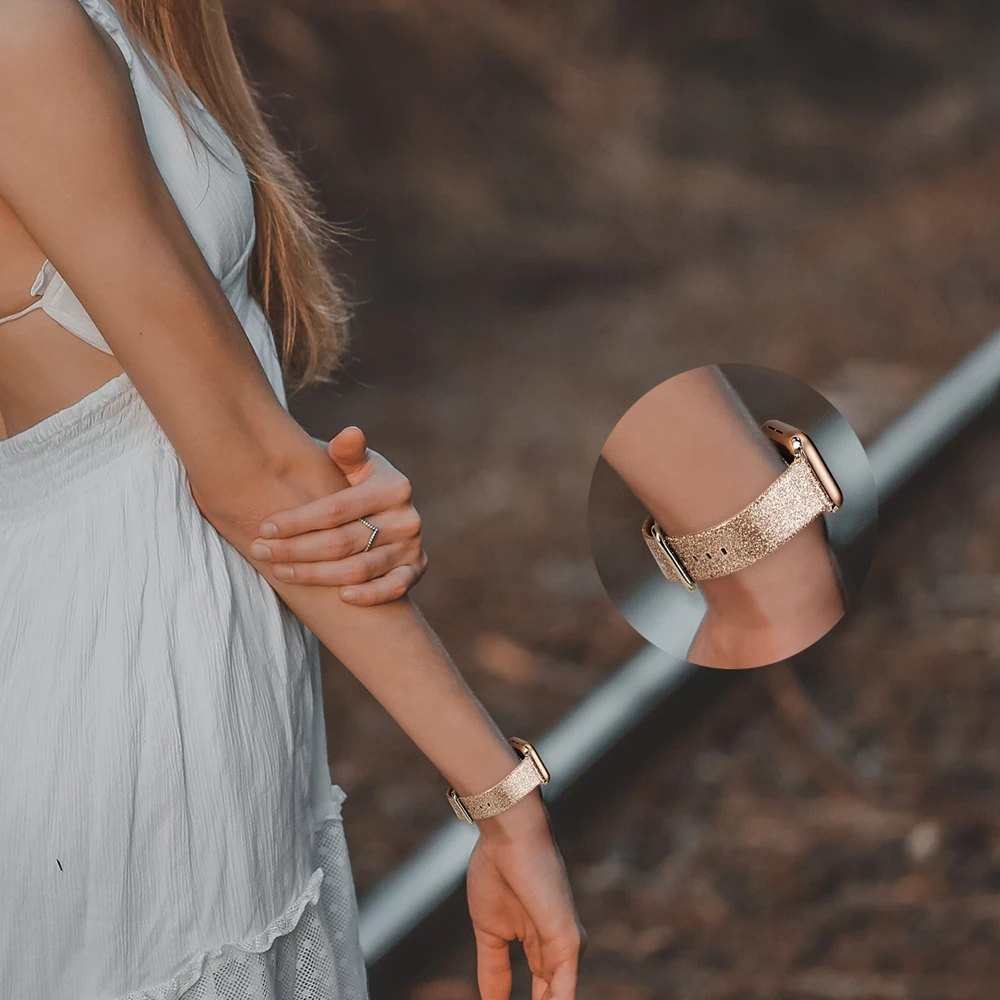 Leather Band for Apple Watch 38mm 40mm 41mm Women Bling Diamond Genuine Shiny Glitter Strap for iWatch Series 8 7 SE 6 5 4 3 2 1