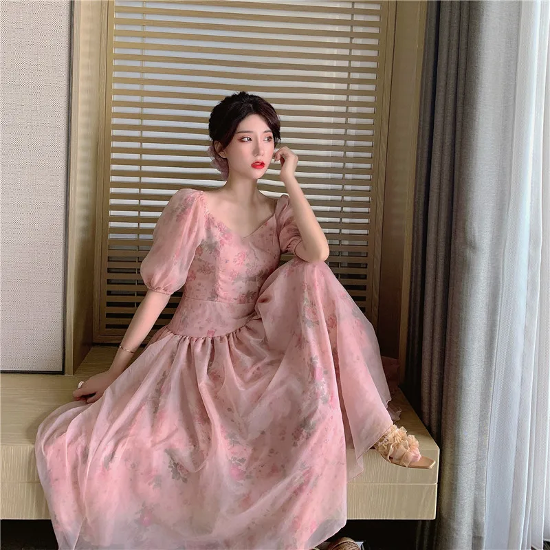 

Summer Pink Kawaii Korean Fashion Fairy Clothes Retro Harajuku Aesthetic Chiffon Tulle Dress Cute Woman