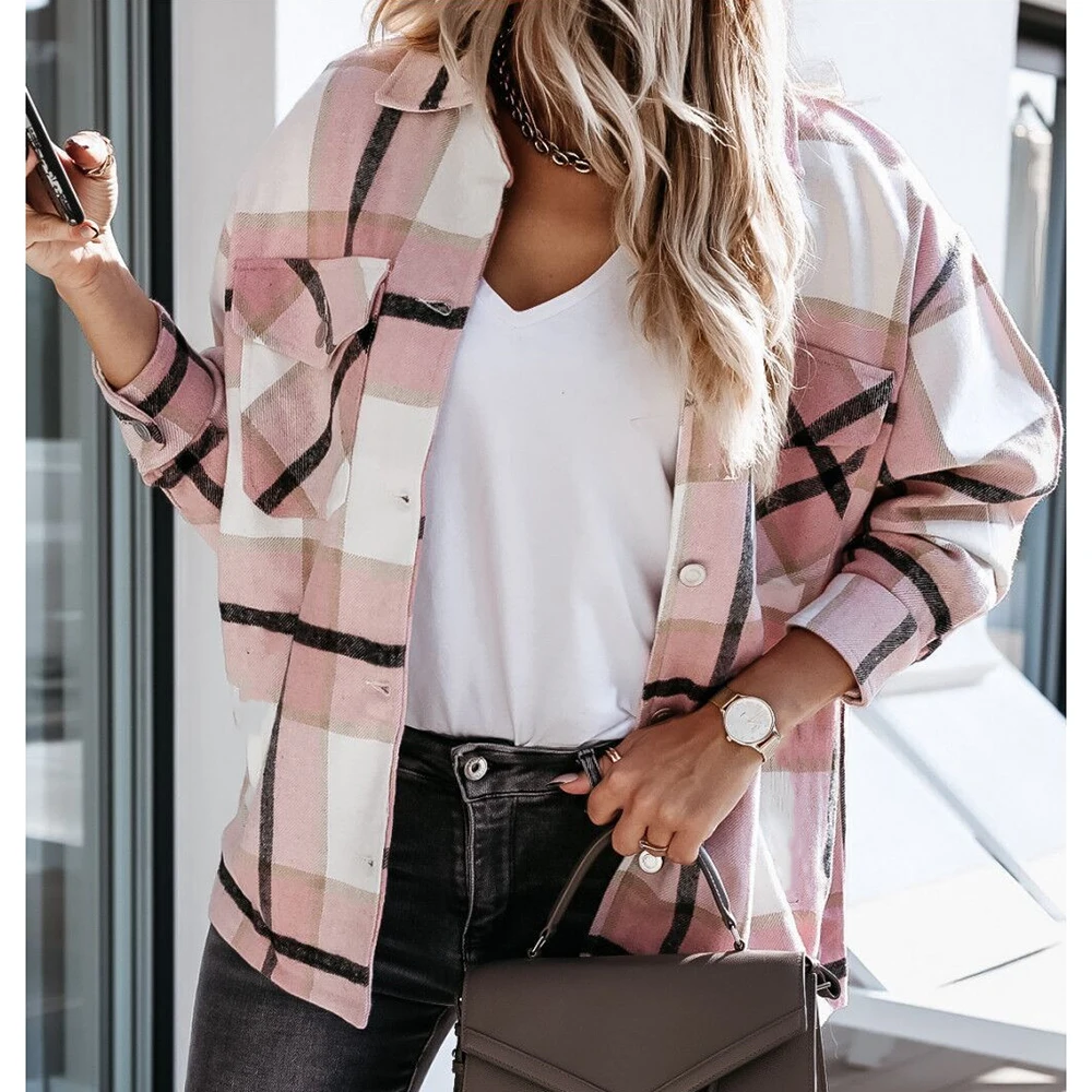 

Winter Green thin Plaid Jacket Coat Women Streetwear Long Leeve Coat Fashion Pocket Oversize Lapel Autumn Shirts Coats outerwear