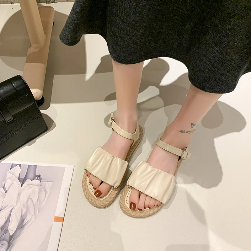 

Comfort Shoes for Women Beige Heeled Sandals Buckle Strap Breathable All-Match 2021 Summer Black Girls New Fashion Low Beach Cas