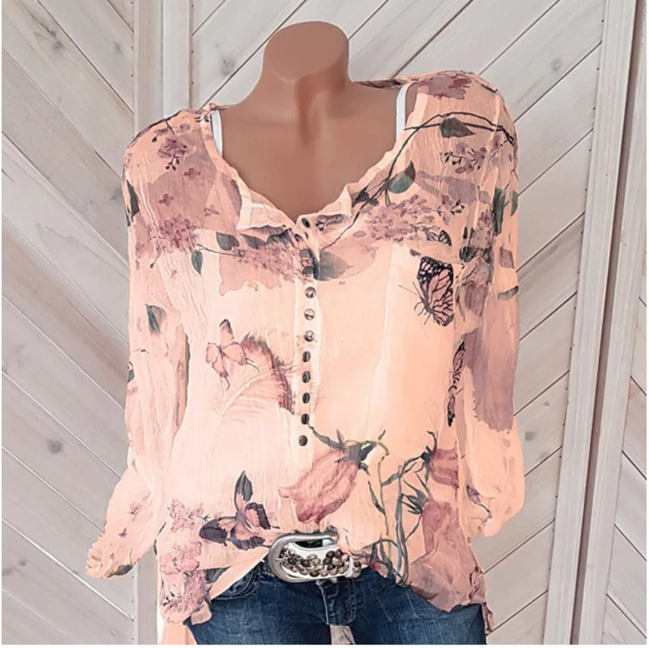 

Women Blouse Shirts 2020 Casual V-Neck Chiffon Button Blouse Women Top Camisa Long Sleeve Ladies Print Blouse Female Shirt