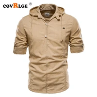 covrlge summer mens shirt slim fit hooded long sleeved shirt men solid color retro cotton and linen shirt men streetwear mcs167