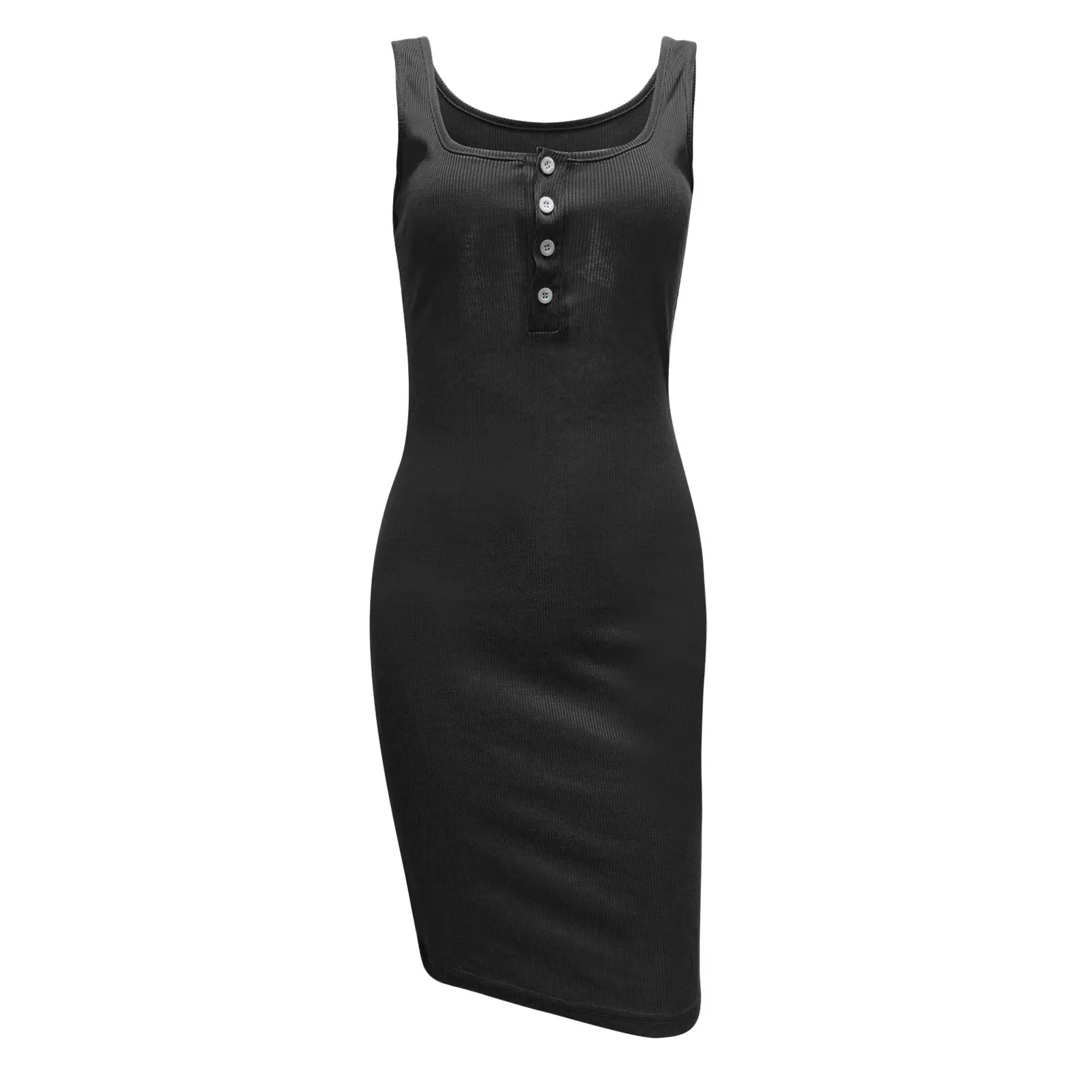 

Sexy Women Bodycon Dress Summer Solid Color Sleeveless U-neck Collar Button Butt Dress Woman High Waist Party Dress#35